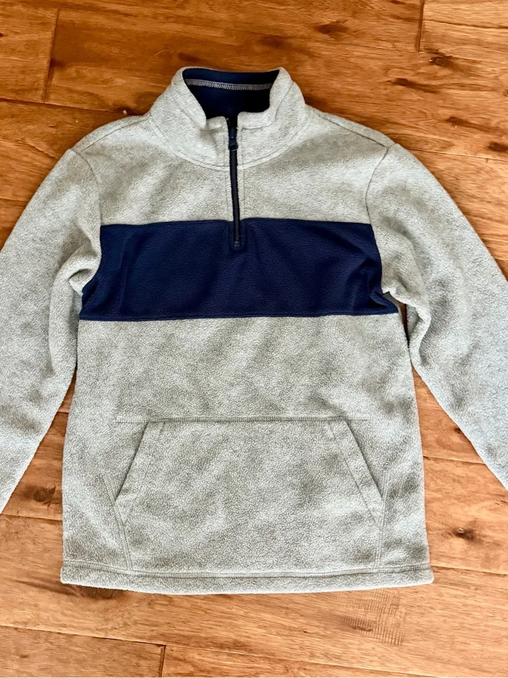 The Children's Place Gray Fleece Zip Pullover with Navy Chest Stripe